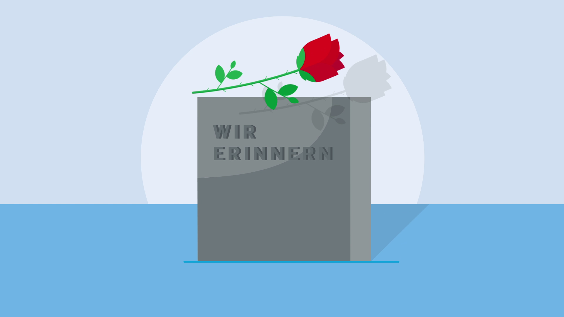 Grafik: Ein Stein mit der Schrift "Wir erinnern" und darauf eine rote Rose