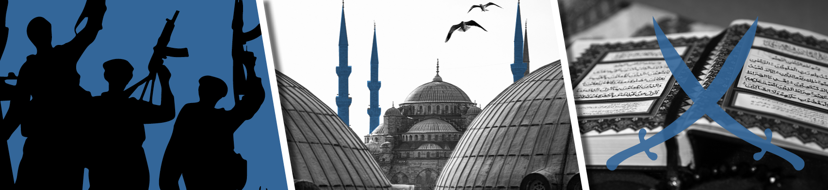 Fotocollage von Männern mit Maschinengewehren, Kuppeldächern einer Mosche und einem Koran, über dem die Grafik zwei gekreuzter Krummschwerter liegt.