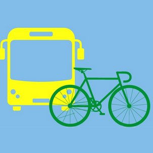 Gelber Bus und grüner Fahrrad auf einem hellblauen Hintergrund