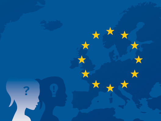 Vereinfachte Landkarte Europas mit den Europa-Sternen, im Vordergrund der Schatten eines stilisierten Mädchens.