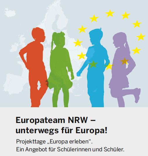 Das Bild zeigt den Titel des Projekts sowie vier Personen. Im Hintergrund ist die Karte Europas zu sehen.